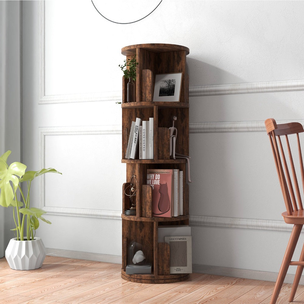 360 Display Rotating Small Corner Bookshelf, 4 Tier Wood Floor Standin