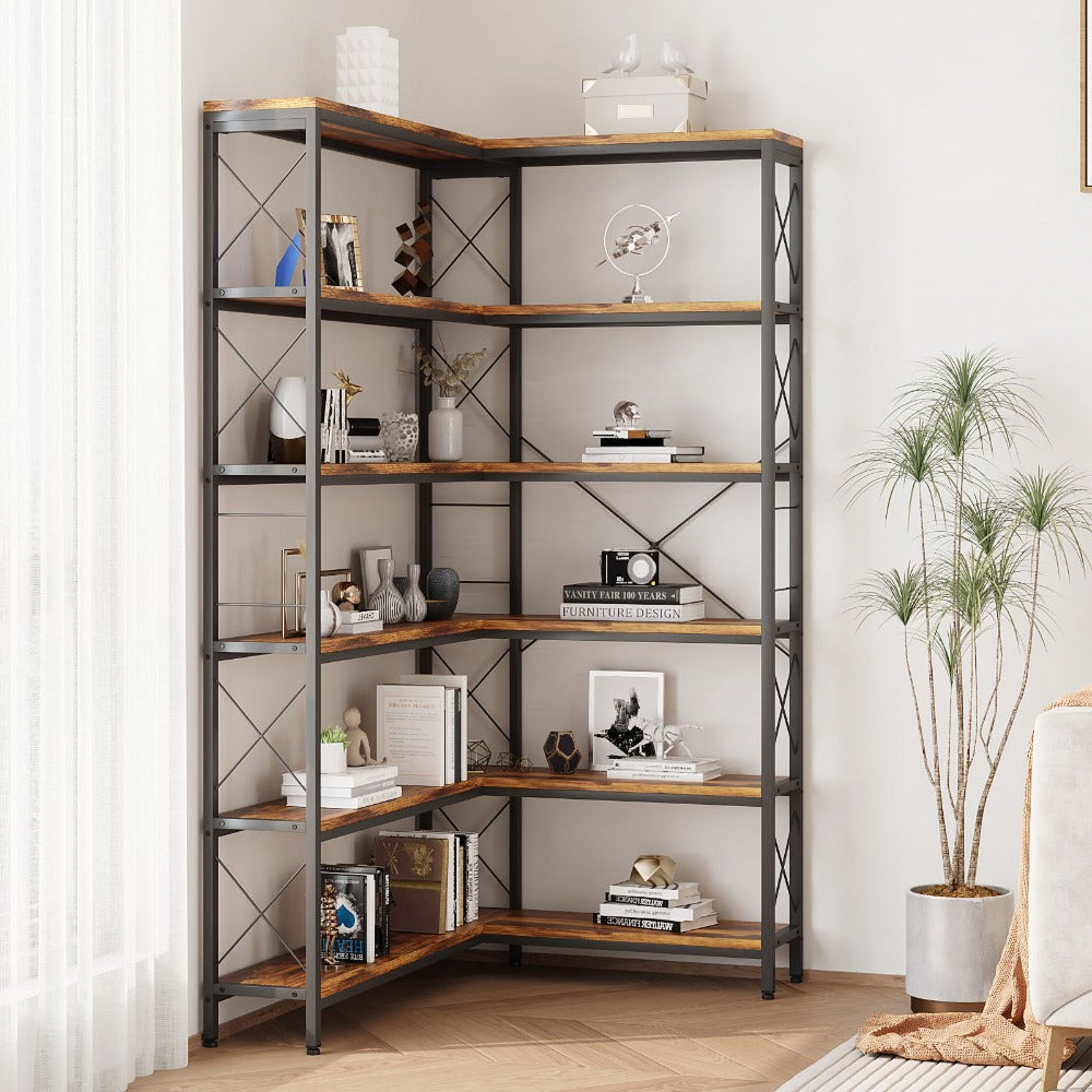 6Tier LShaped Corner Bookshelf, Industrial Metal Frame, Adjustable L