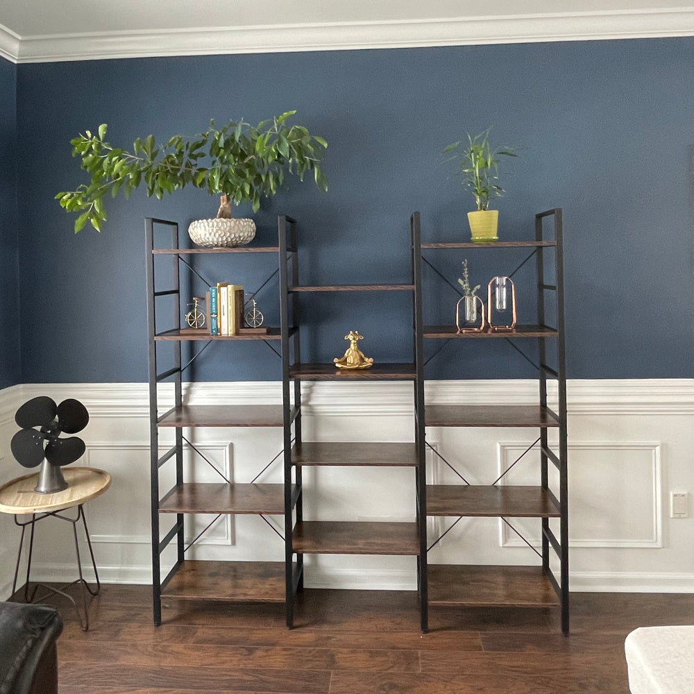 
                  
                    Triple Wide 5-Tier L-Shaped Bookshelf, Industrial Metal Frame, Adjustable Large Open Etagere Shelf, Rustic Brown
                  
                