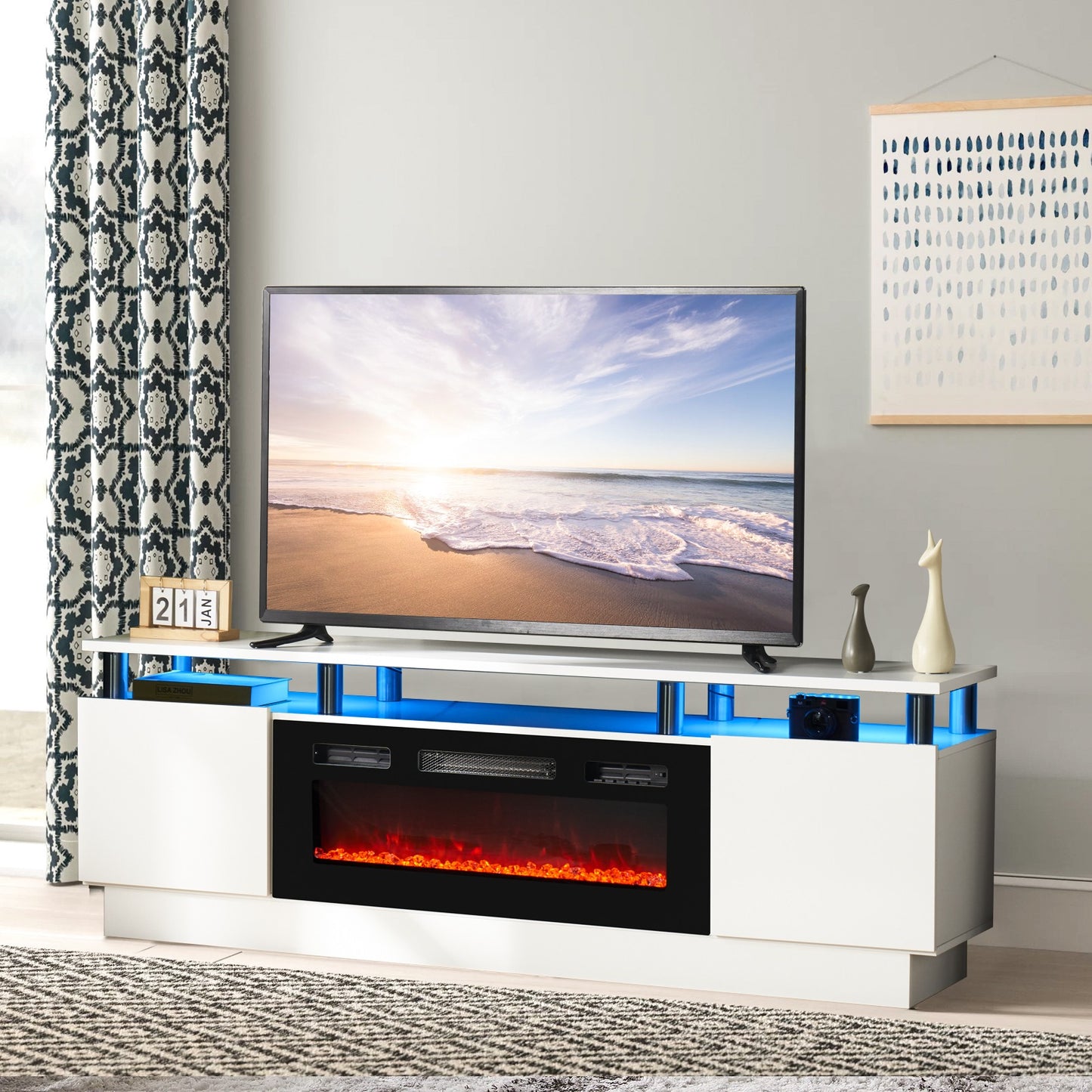 
                  
                    TV Stand with 750W/1500W 36" Electric Fireplace, for TVs Up to 80", 2 Tiers High Gloss Console Cabinet (White/Grey)
                  
                