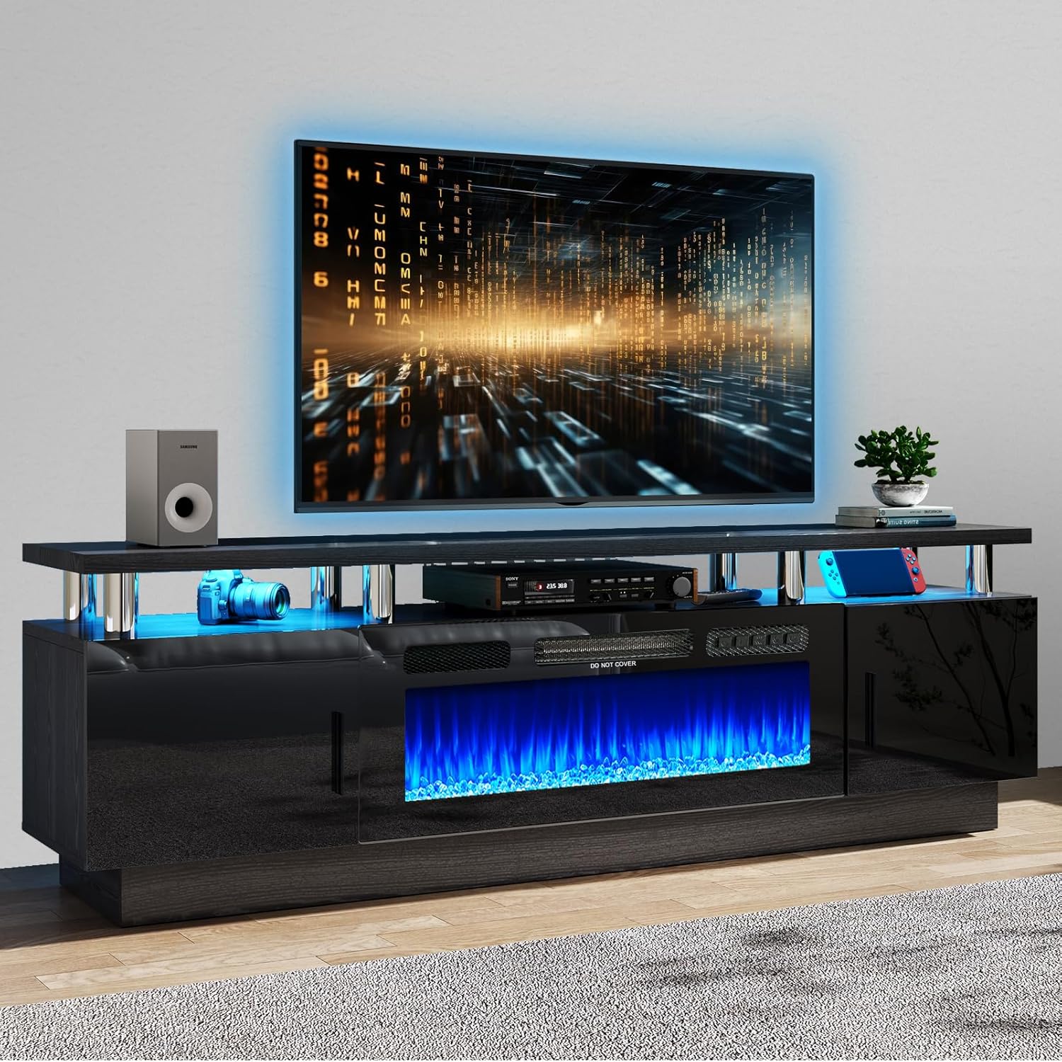 Diagram showing TV sizes compatible with the entertainment stand from 32" to 80".