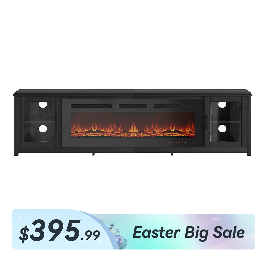 80" Large Modern Fireplace TV Stand with Glass Door Cabinet