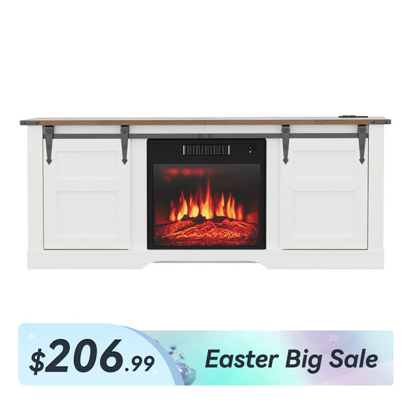 58" Farmhouse Fireplace TV Stand with Sliding Barn Door Cabinet