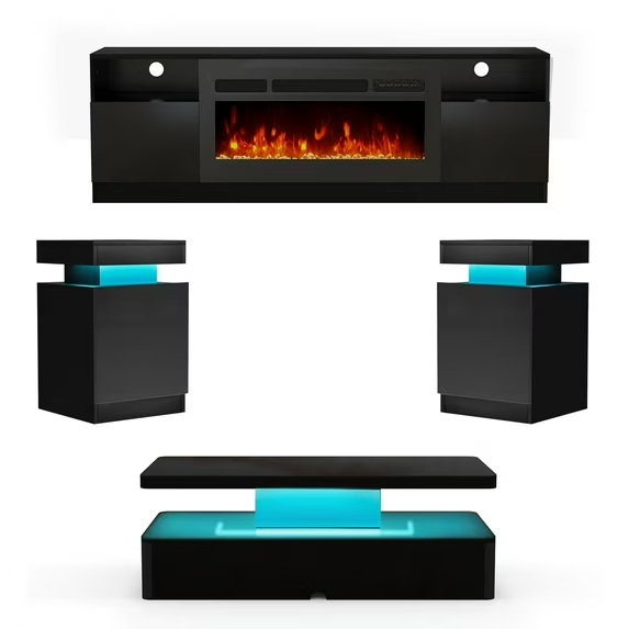 Easoger 4-Piece Table Set Includes Modern Coffee Table, Spacious 36" Fireplace TV Stand and 2 LED Light Endtables, Simple Black Table for Living Room, Bedroom, Black