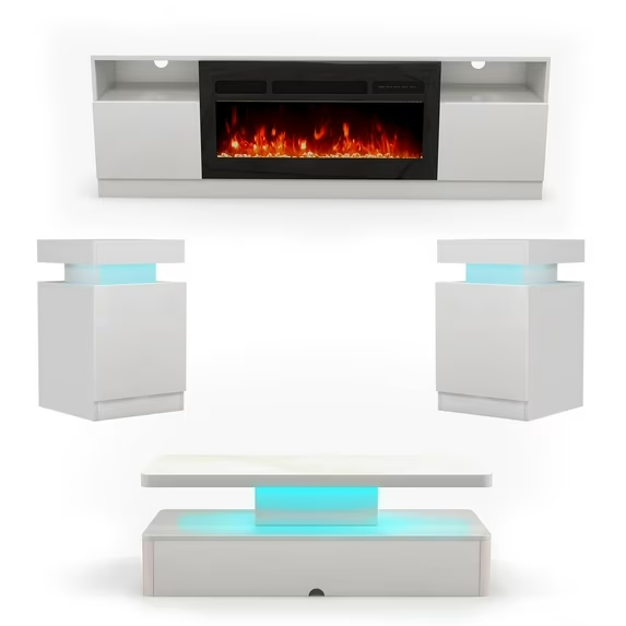 Easoger 4-Piece Table Set Includes Modern Coffee Table, Spacious 36" Fireplace TV Stand and 2 LED Light Endtables, Simple White Table for Living Room, Bedroom, White