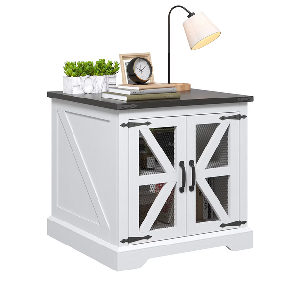 Easoger Farmhouse End Table, 24" Sofa Side Table with Charging Station Mesh Barn Door,Wood Nightstand with Adjustable Storage Shelf, Square Bedside Table for Living Room,Bedroom,Office-White