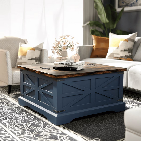 Easoger Farmhouse Coffee Table, 31" Rustic SideTable with Lift Top Storage, Hidden Square Storage for Living Room, Blue