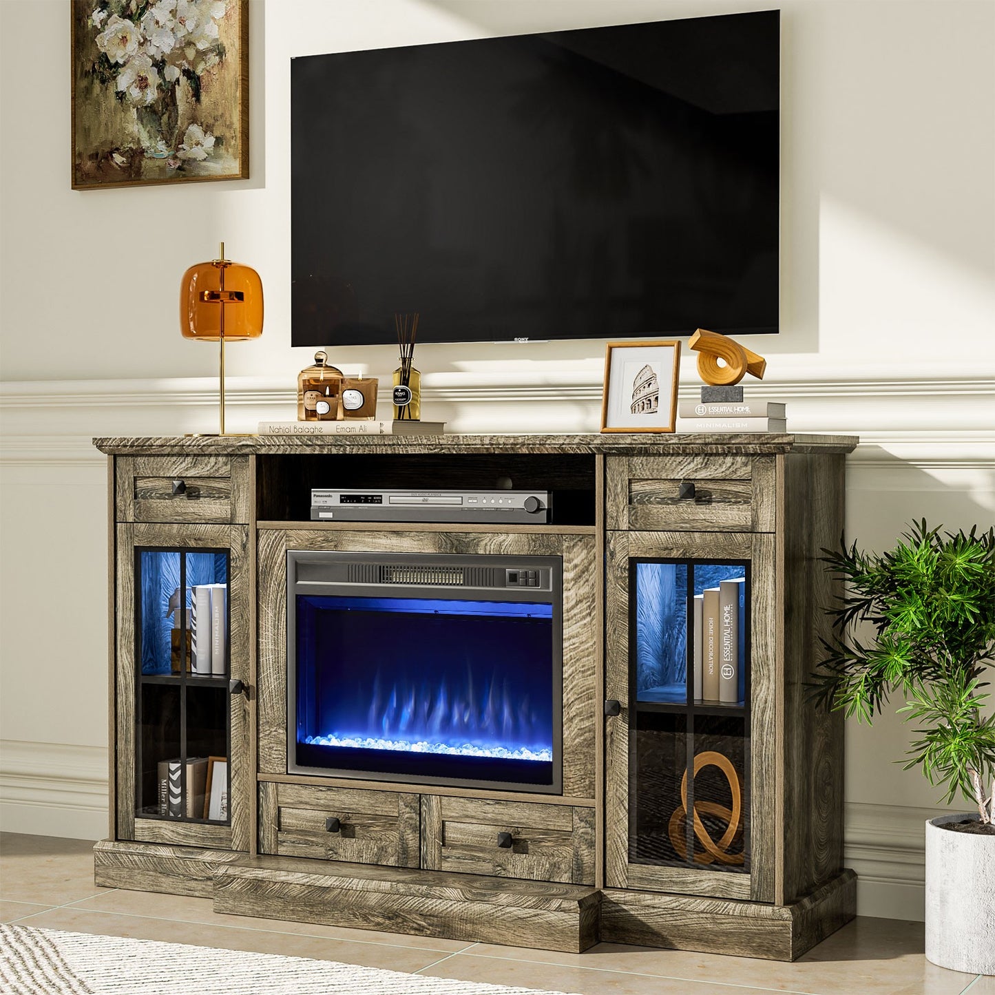
                  
                    58” Fireplace TV Stand for TVs up to 65 Inch, 23" Electric Fireplace, Glass Doors,White/Grey
                  
                