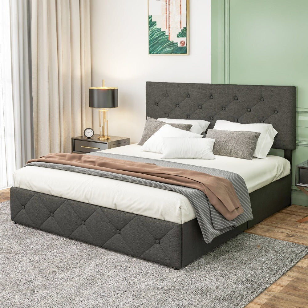 
                  
                    Queen Size Bed Frame Upholstered Platform with Adjustable Headboard, 4 Storage Drawers, Grey
                  
                