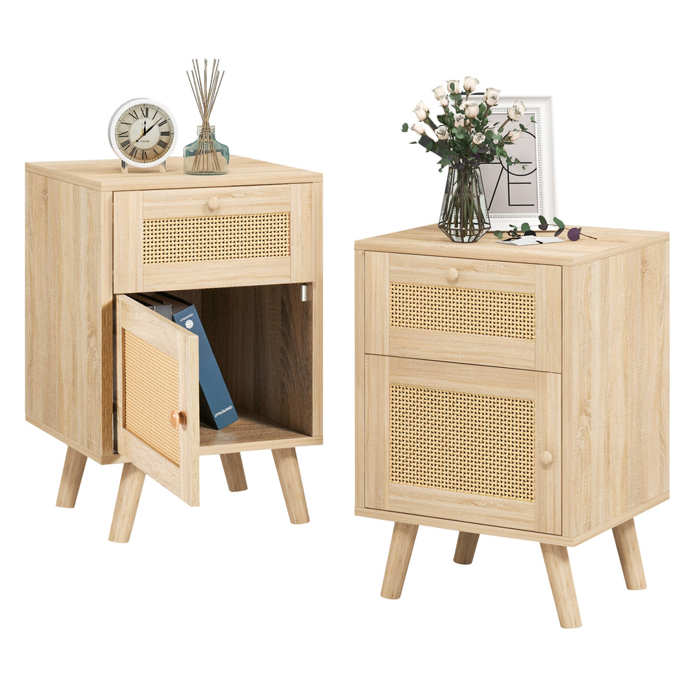 
                  
                    Rattan Nightstand, Boho Rattan Bedside Cabinet for Living Room, Set of 2, Natural Wood Color
                  
                