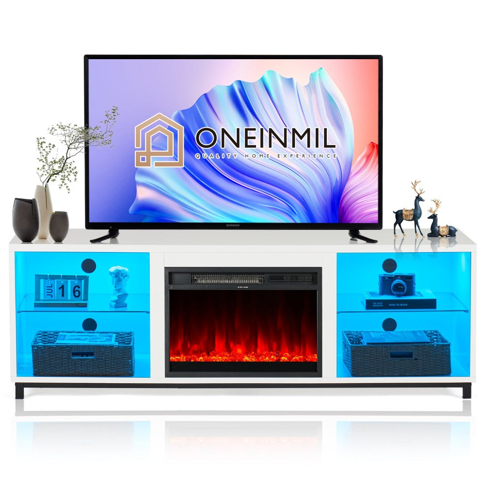 
                  
                    68 Inch Modern LED Fireplace TV Stand with Adjustable Glass Shelves for TV up to 78", White
                  
                