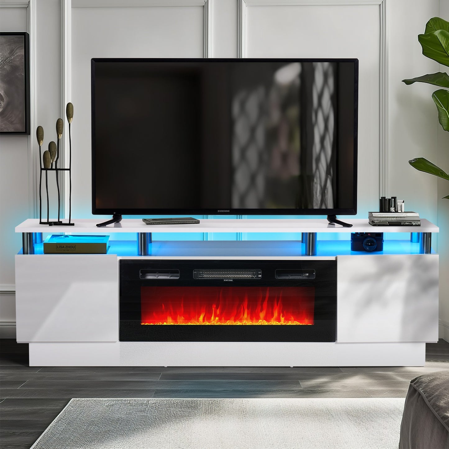 
                  
                    TV Stand with 750W/1500W 36" Electric Fireplace, for TVs Up to 80", 2 Tiers High Gloss Console Cabinet, White
                  
                