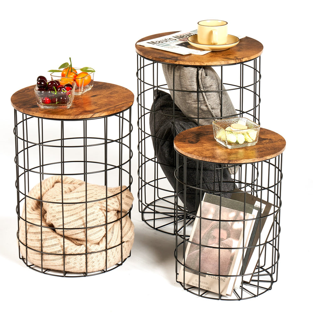 Round Basket Table, Nesting Wire Basket End Storage with Wood Tops, Set of 3