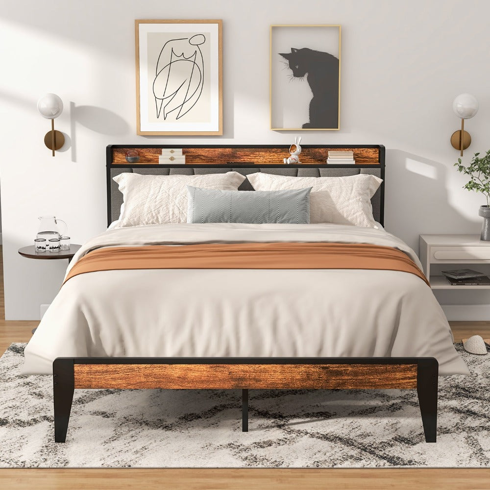 
                  
                    Queen Size Bed Frame, Storage Headboard with Charging Station, Stylish Retro Design
                  
                