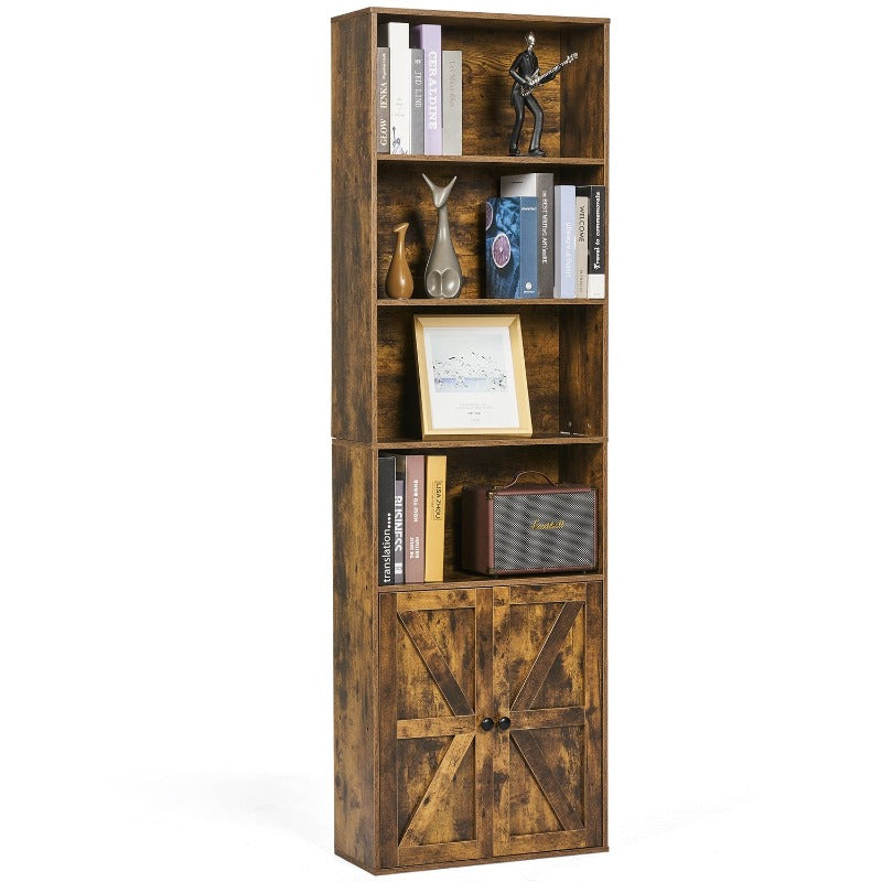
                  
                    6-Tier Narrow Wooden Bookshelf, Narrow Bookcase with Farmhouse Barn Door, Brown
                  
                