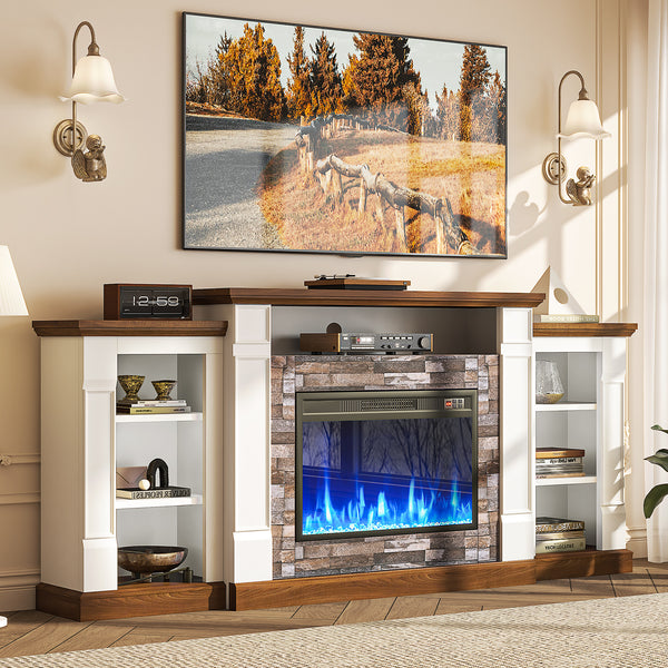 70" Fireplace TV Stand, Electric Fireplace with Mantel, Modern Entertainment Center with Open Storage, Remote Control, Adjustable Flame