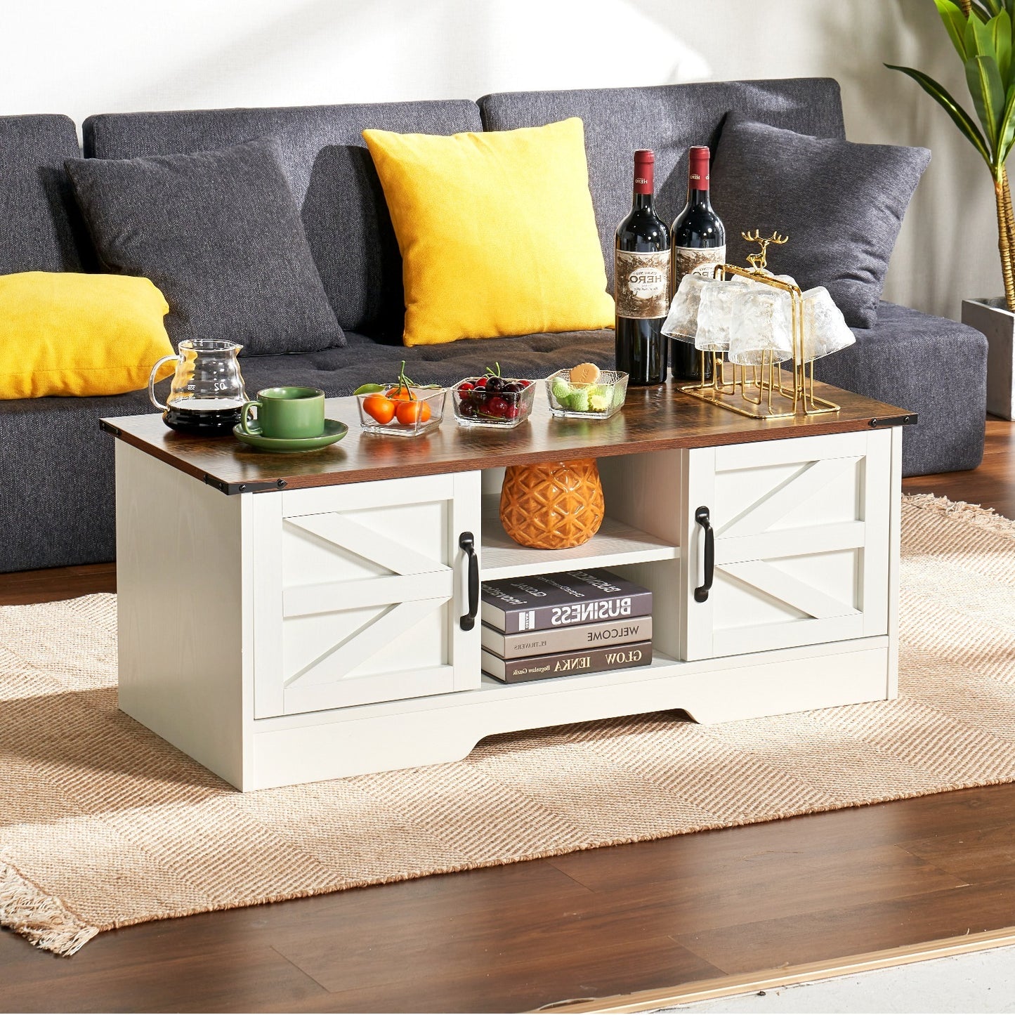 
                  
                    Barn Door Coffee Table with Storage, Rustic Farmhouse Rectangular Center Table, White
                  
                