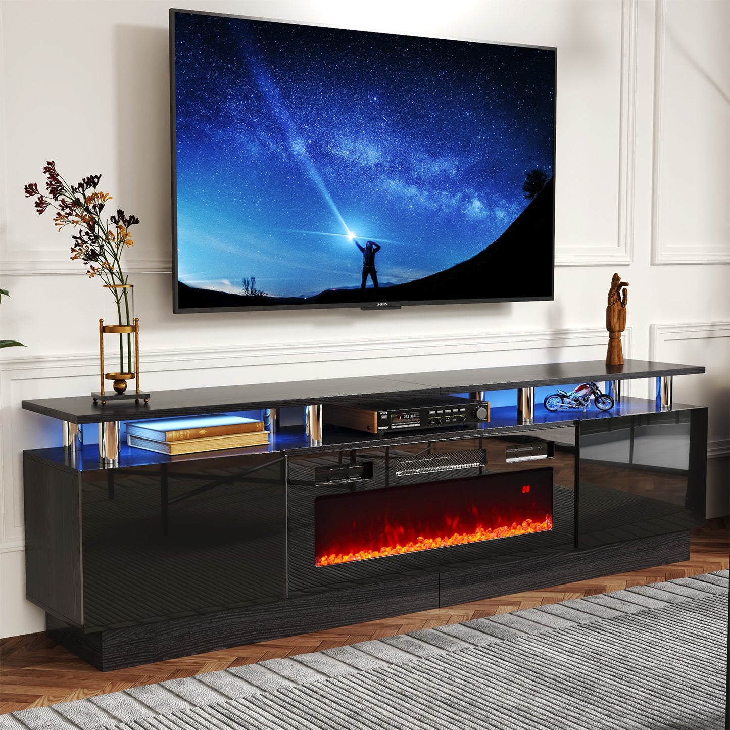 
                  
                    2 Tiers Modern High Gloss TV Stand with 750W/1500W 36" Electric Fireplace, LED TV Entertainment Center for TVs Up to 90",Black
                  
                
