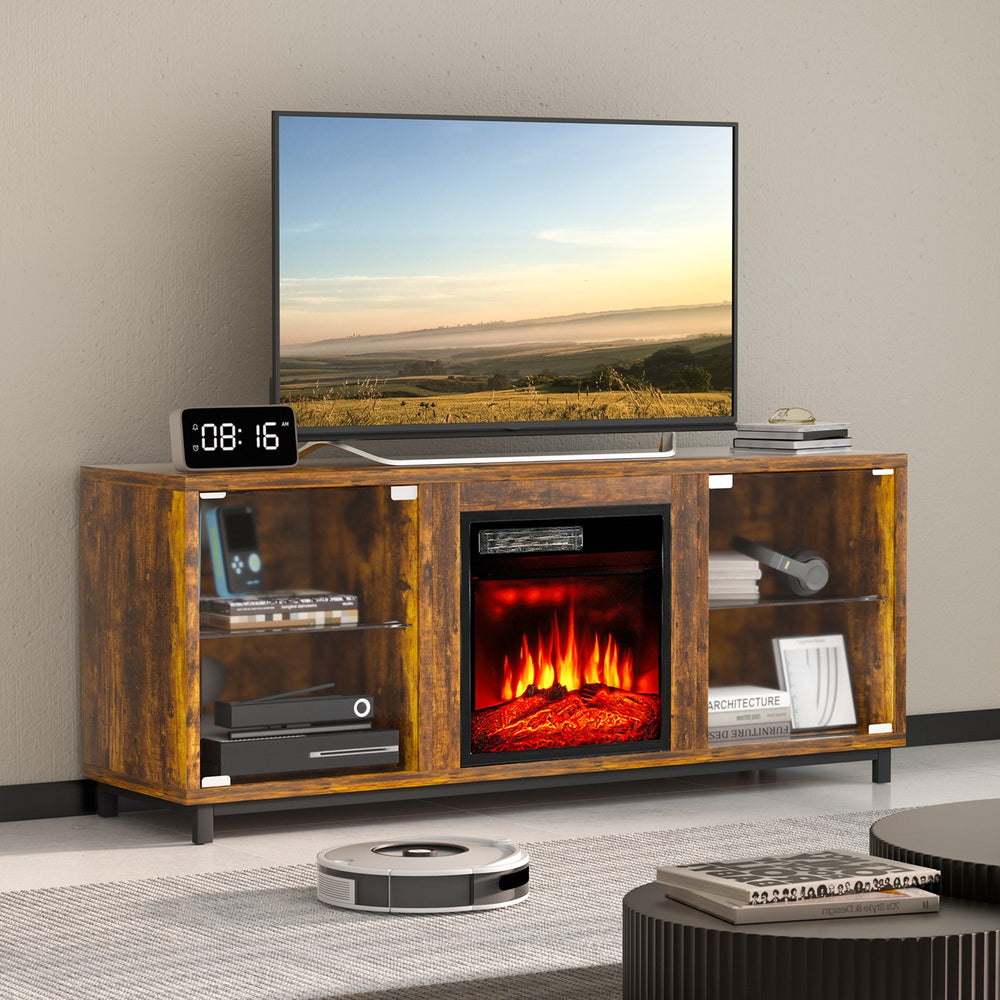 
                  
                    Fireplace TV Stand with Adjustable Glass Shelves for TV up to 65", Rusitc Wood, Brown
                  
                