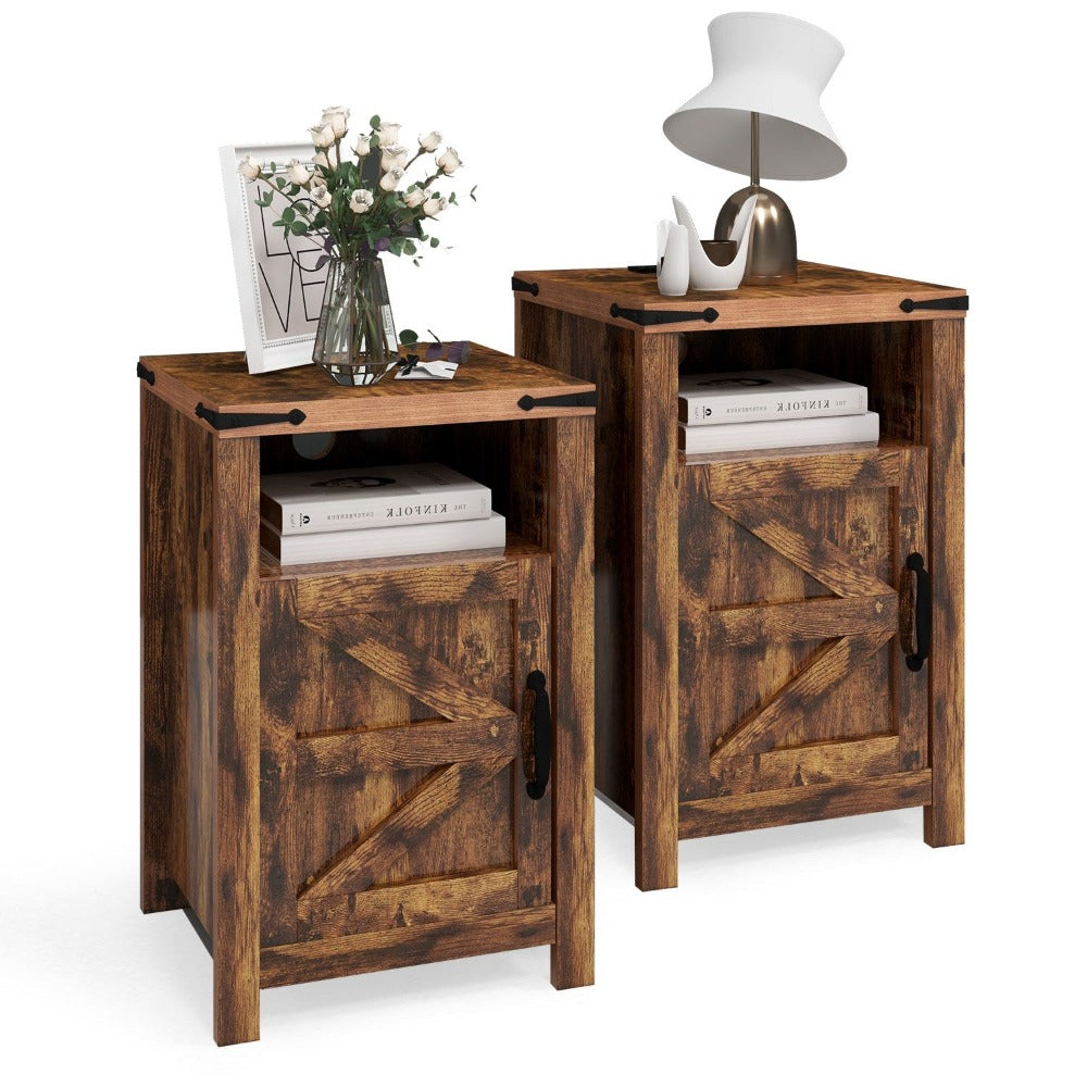 
                  
                    Barn Door Nightstand, Farmhouse End Table with USB Socket for Charging, Set of 2, Brown
                  
                