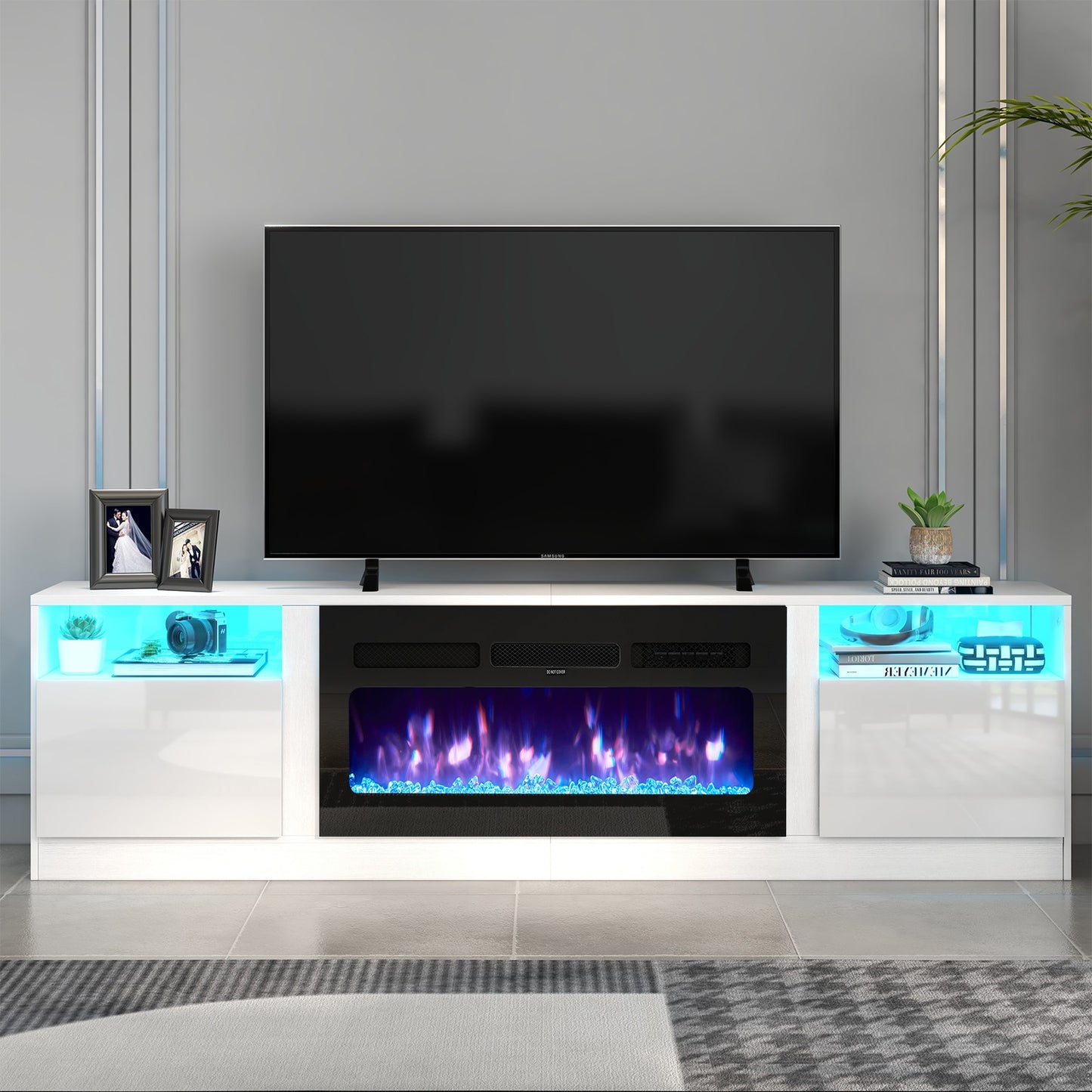 
                  
                    79 Inch Modern High Gloss TV Stand with 36 Inch Electric Fireplace for TV up to 90", Black / White
                  
                