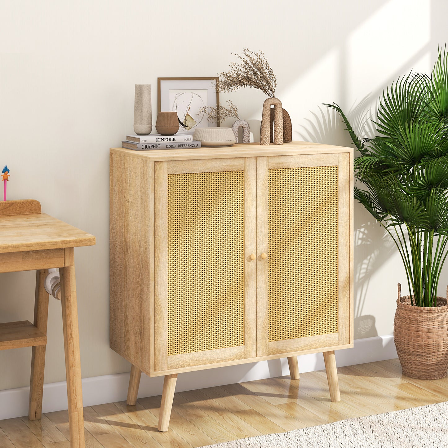 
                  
                    Rattan Sideboard Buffet Cabinet, Kitchen Storage Cabinet with Rattan Decorated Doors, Natural Wood Color
                  
                