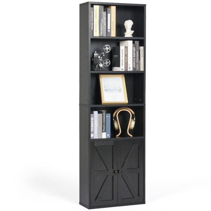 Narrow black bookcase with on sale doors