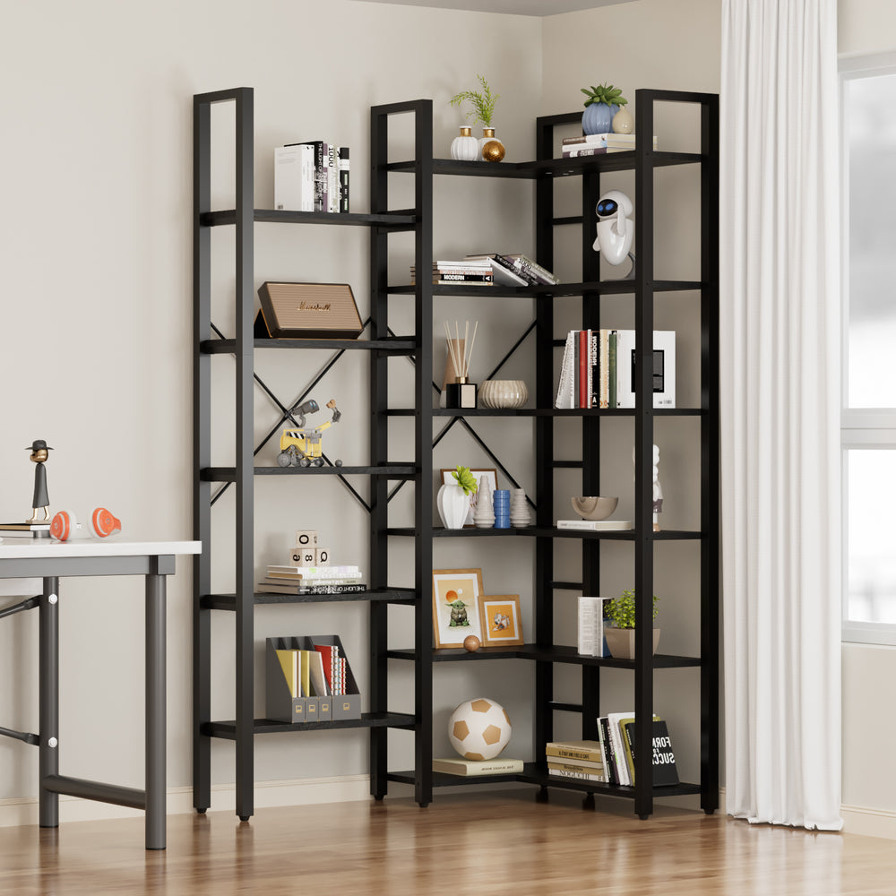 Triple Wide 6-Tier L-Shaped Bookshelf, Industrial Metal Frame, Adjustable Large Open Etagere Shelf, Black