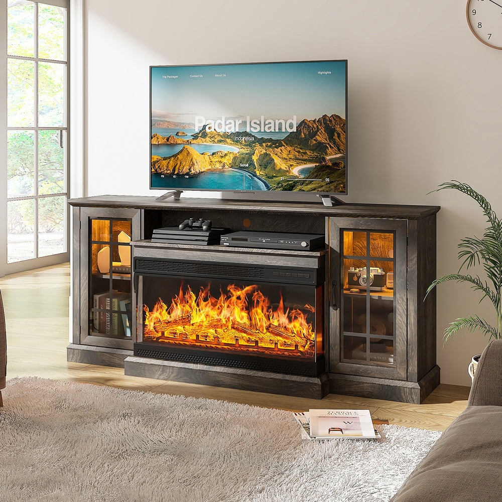 
                  
                    36 Inch 3-Sided Glass Fireplace TV Stand for TVs up to 80", with Glass Door Cabinet, Grey/White
                  
                