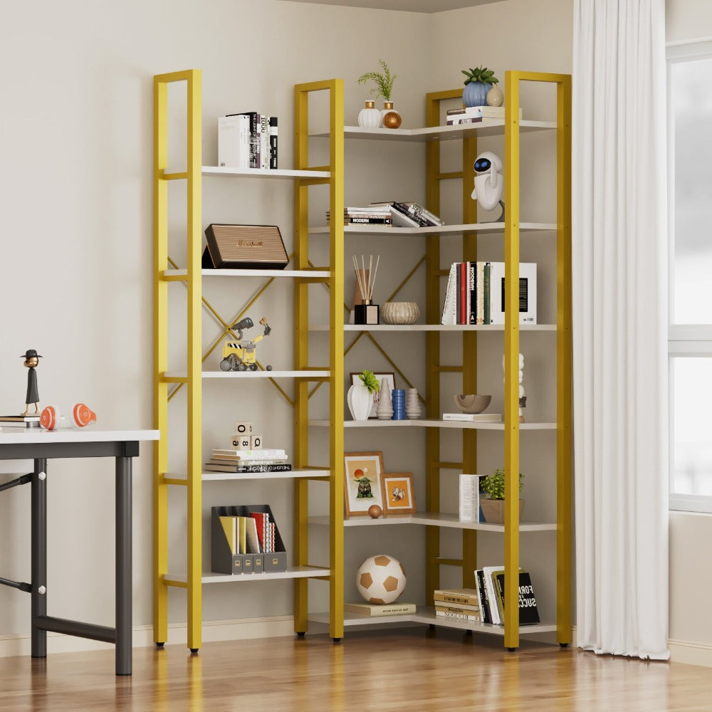 Triple Wide 6-Tier L-Shaped Bookshelf, Industrial Metal Frame, Adjustable Large Open Etagere Shelf, White/Gold