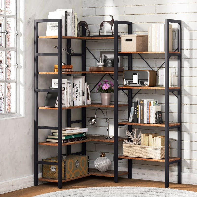 Triple Wide 5-Tier L-Shaped Bookshelf, Industrial Metal Frame, Adjustable Large Open Etagere Shelf, Rustic Brown