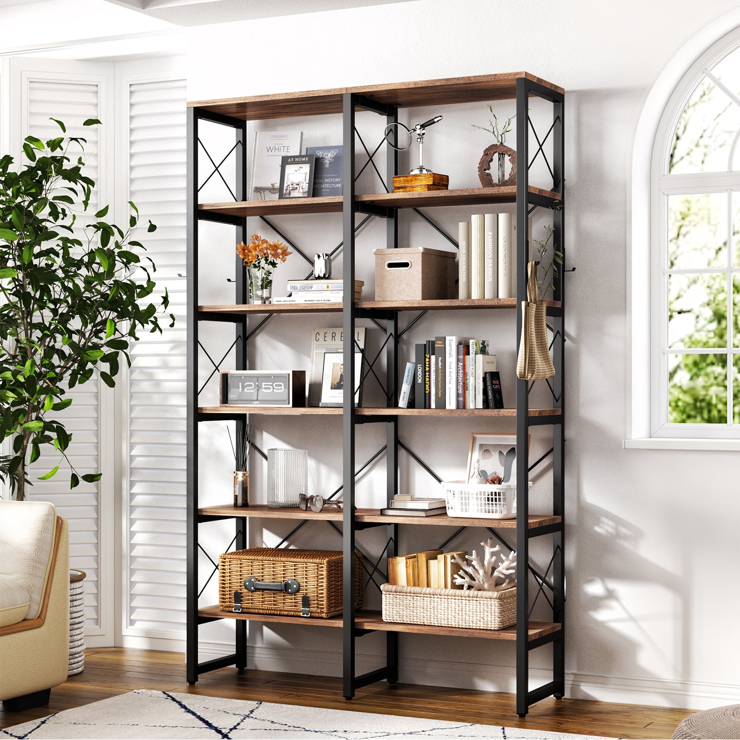 
                  
                    Double Wide 6-Tier Bookshelf, Industrial Metal Frame, Adjustable Large Open Etagere Shelf, Rustic Brown
                  
                