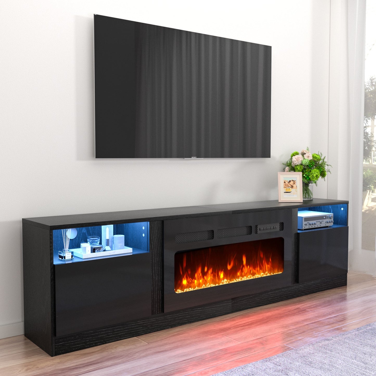 
                  
                    79 Inch Modern High Gloss TV Stand with 36 Inch Electric Fireplace for TV up to 90", Black
                  
                
