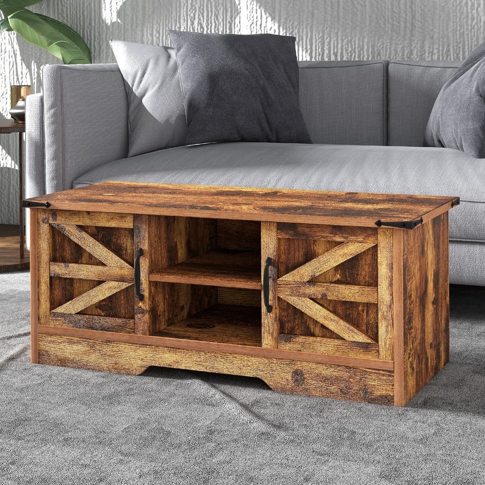 
                  
                    Barn Door Coffee Table with Storage, Rustic Farmhouse Rectangular Center Table, Brown
                  
                