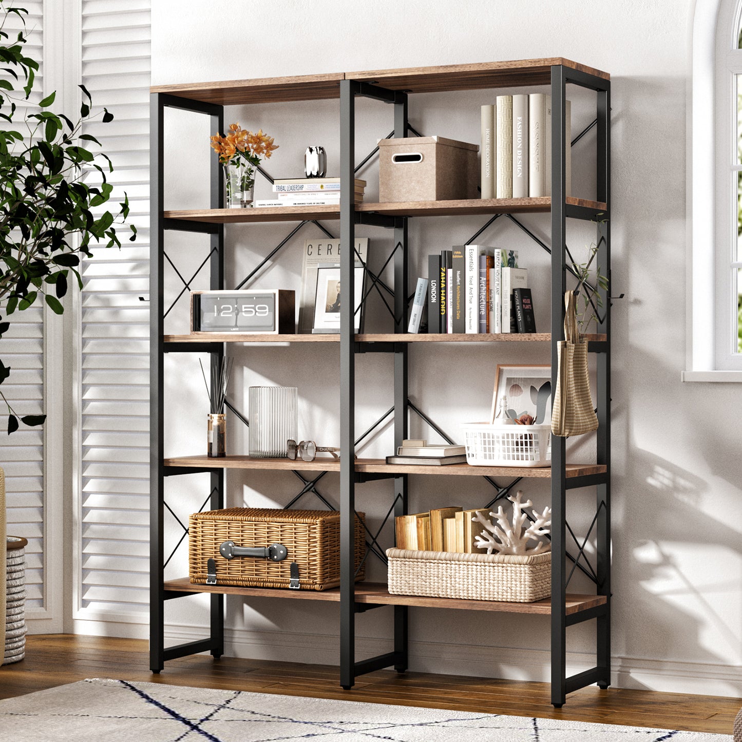 
                  
                    Double Wide 5-Tier Bookshelf, Industrial Metal Frame, Adjustable Large Open Etagere Shelf, Rustic Brown
                  
                