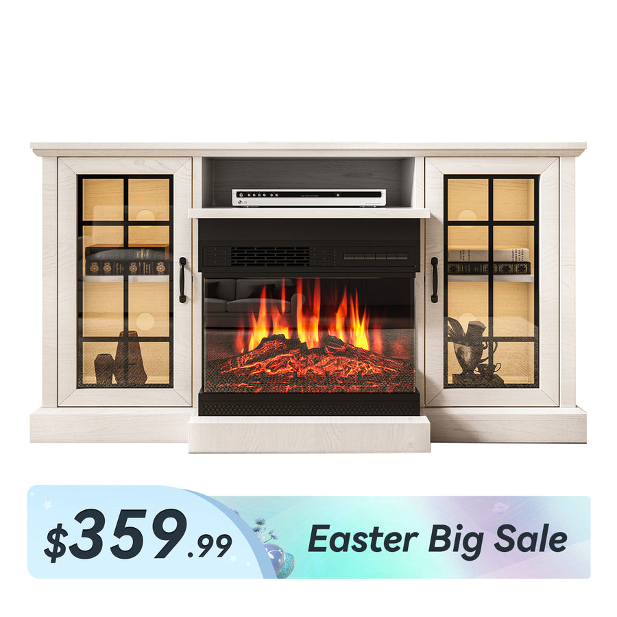 59"/70" Farmhouse Fireplace TV Stand with 3-Sided Glass Door Storage Cabinets