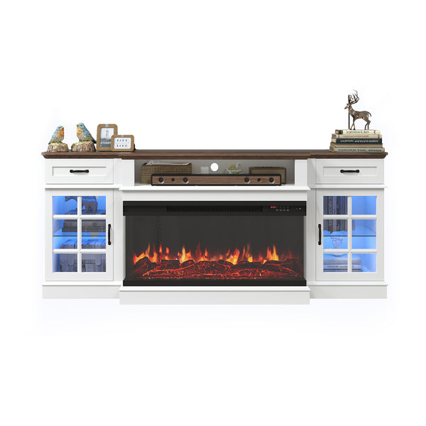 70" Glass Door Cabinets Farmhouse Fireplace TV Stand with Drawers