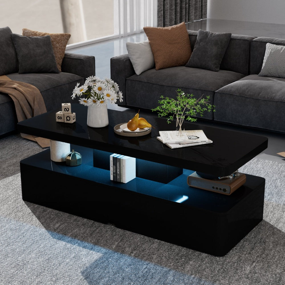 Modern Stylish High Gloss Coffee Table with 16 Colors LED Lights, Black