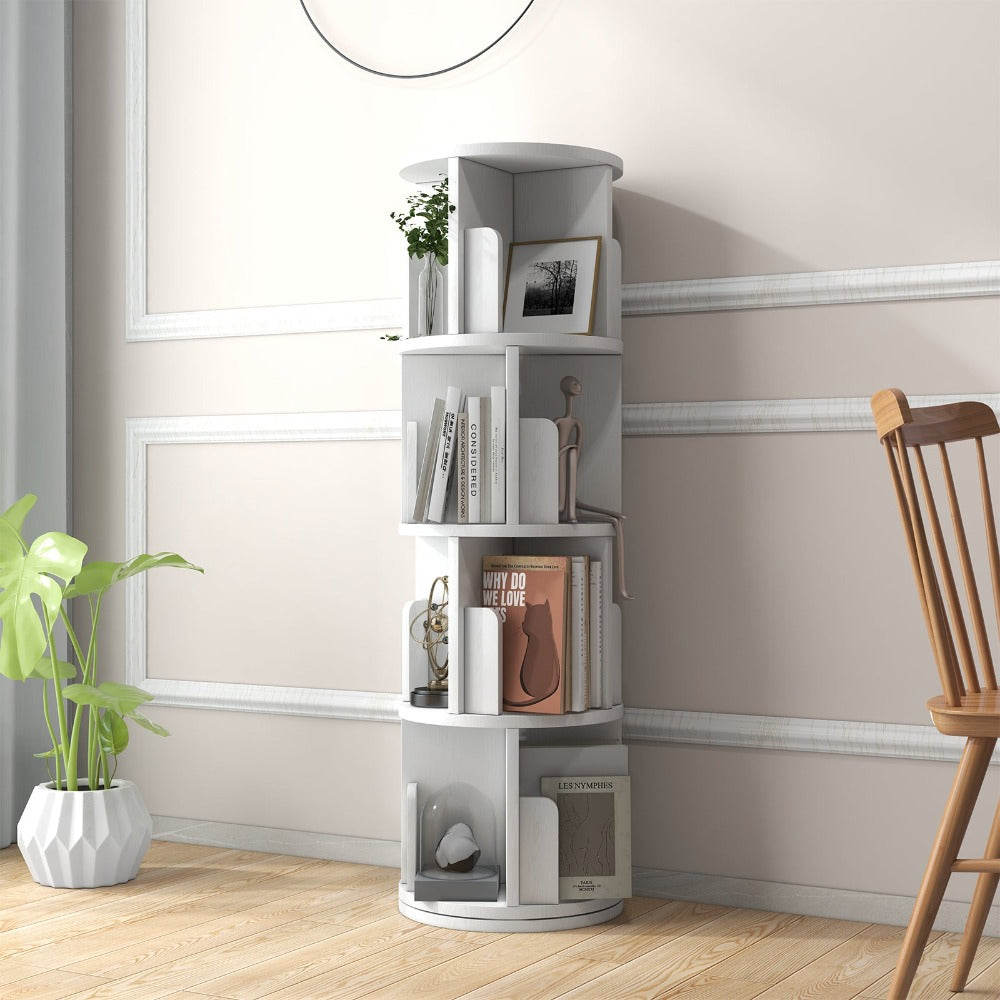 
                  
                    360 Display Rotating Small Corner Bookshelf, 4 Tier Wood Floor Standing Bookshelf Organizer, White
                  
                