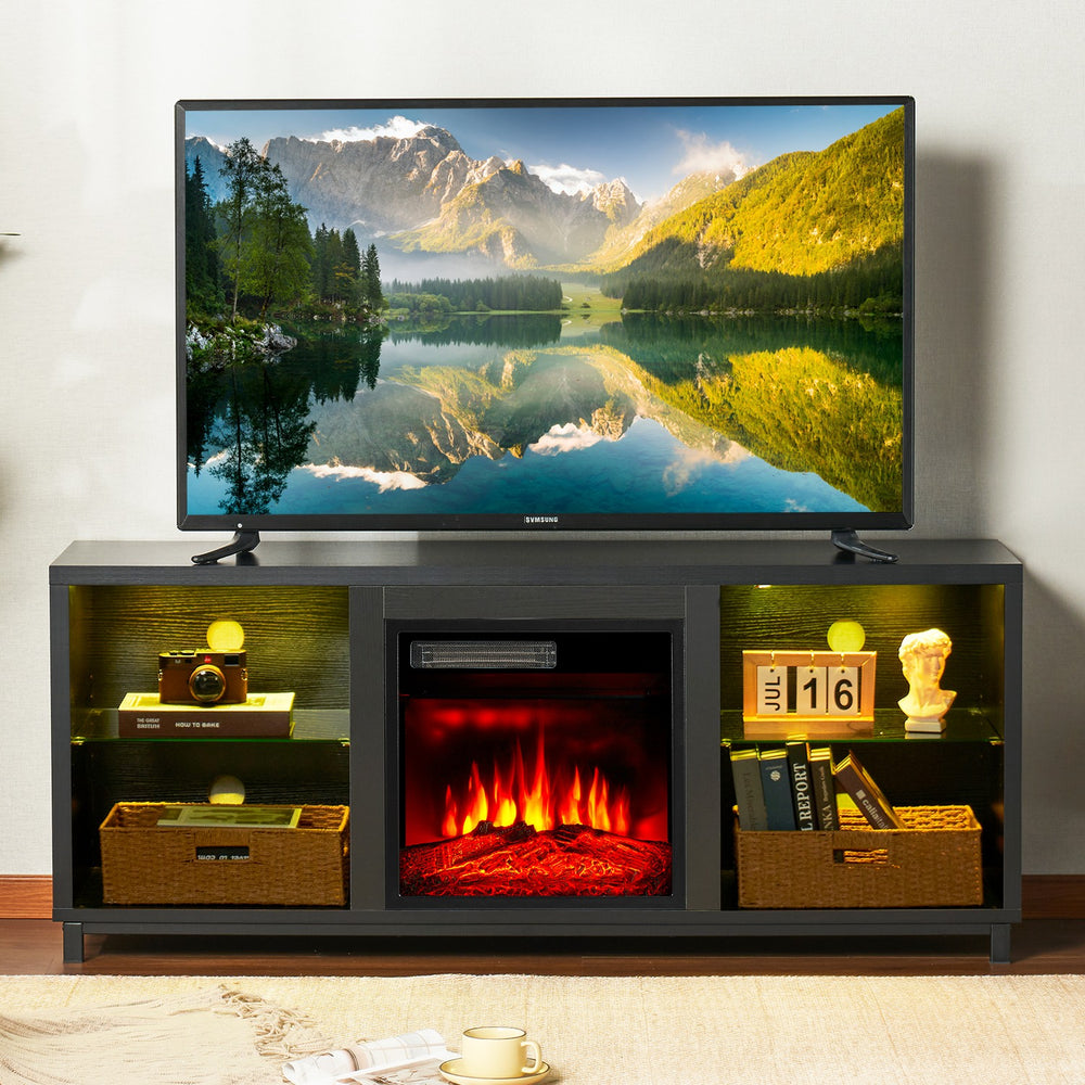 Electric Fireplace TV Stand with Adjustable Glass Shelves for TV up to 65