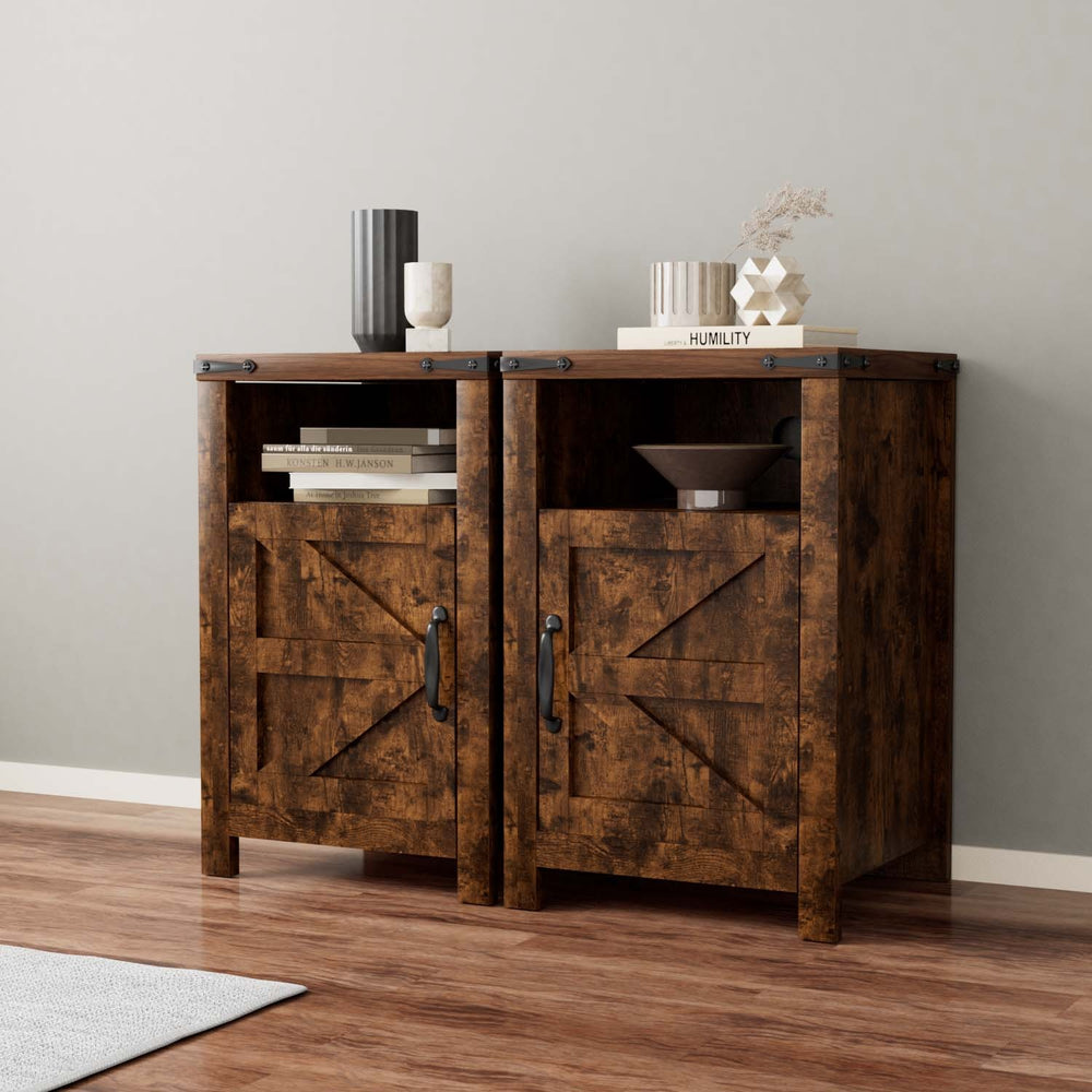 Barn Door Nightstand, Farmhouse End Table with USB Socket for Charging, Set of 2, Brown