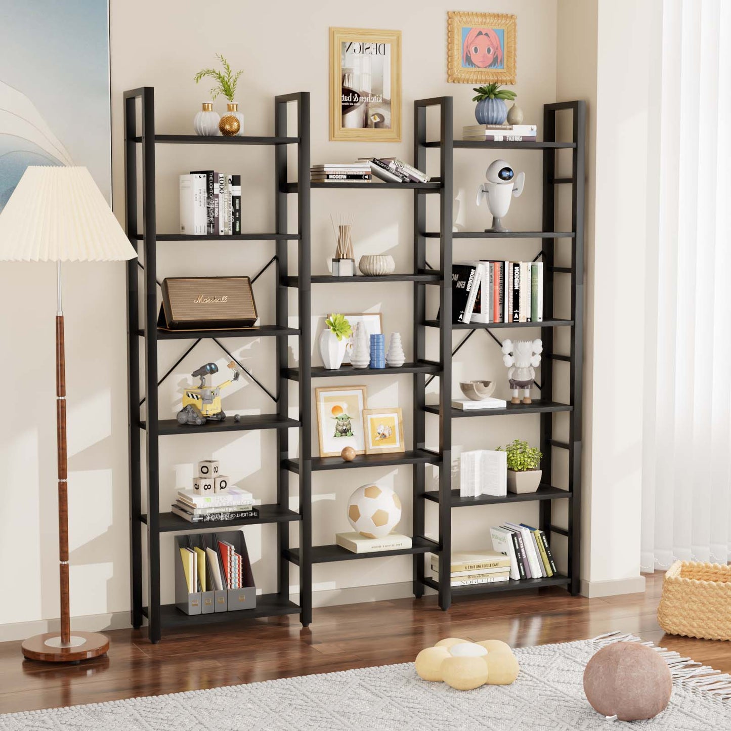 
                  
                    Triple Wide 6-Tier L-Shaped Bookshelf, Industrial Metal Frame, Adjustable Large Open Etagere Shelf, Black
                  
                