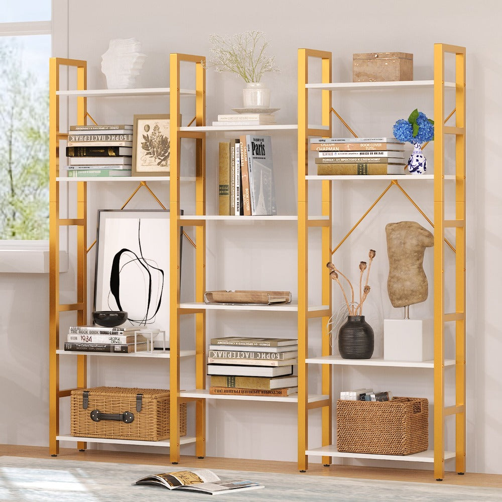 
                  
                    Triple Wide 5-Tier L-Shaped Bookshelf, Industrial Metal Frame, Adjustable Large Open Etagere Shelf, White/Gold
                  
                