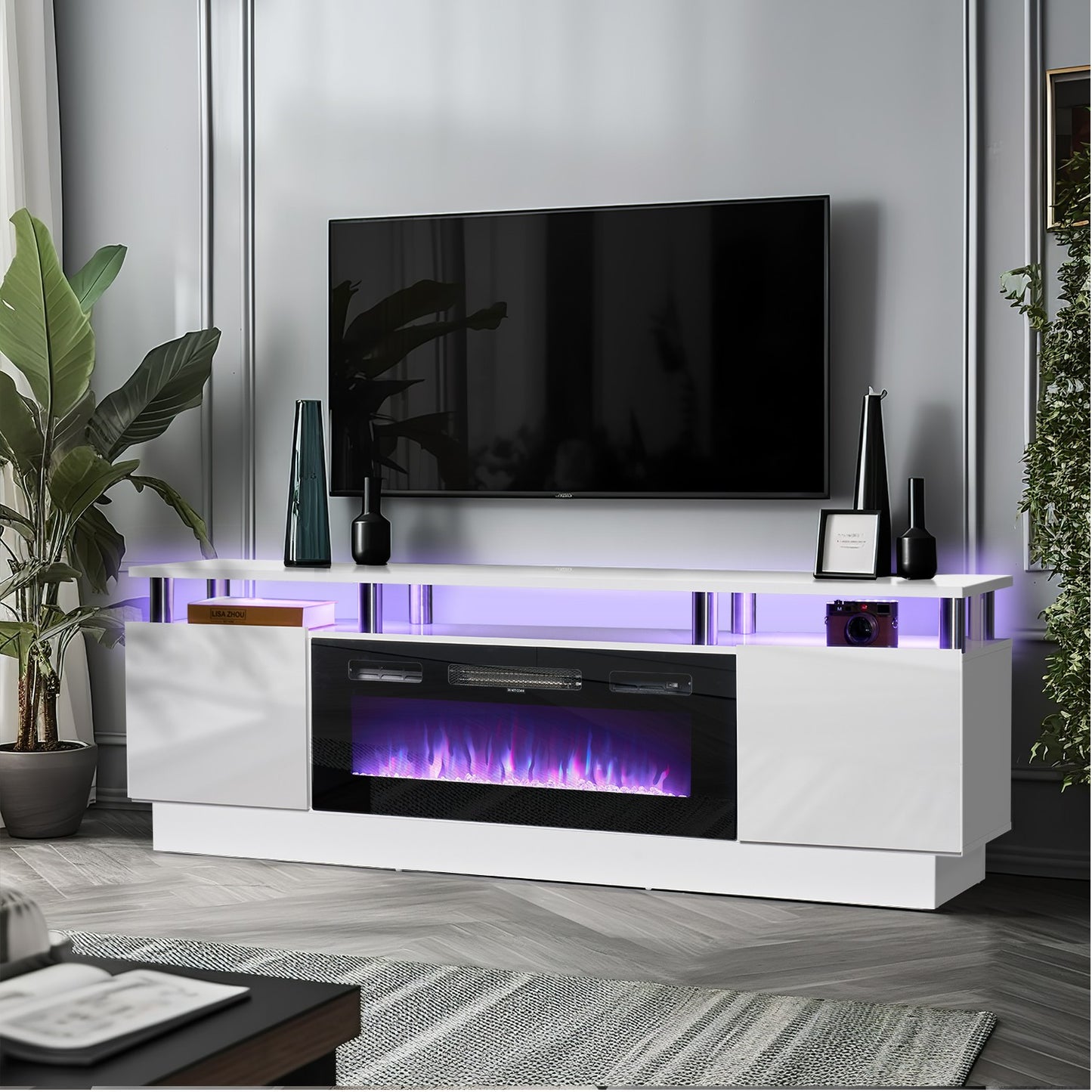 
                  
                    2 Tiers Modern High Gloss TV Stand with 750W/1500W 36" Electric Fireplace, LED TV Entertainment Center for TVs Up to 80"
                  
                