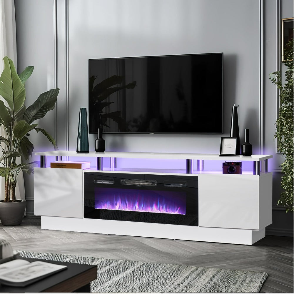 
                  
                    TV Stand with 750W/1500W 36" Electric Fireplace, for TVs Up to 80", 2 Tiers High Gloss Console Cabinet, White
                  
                