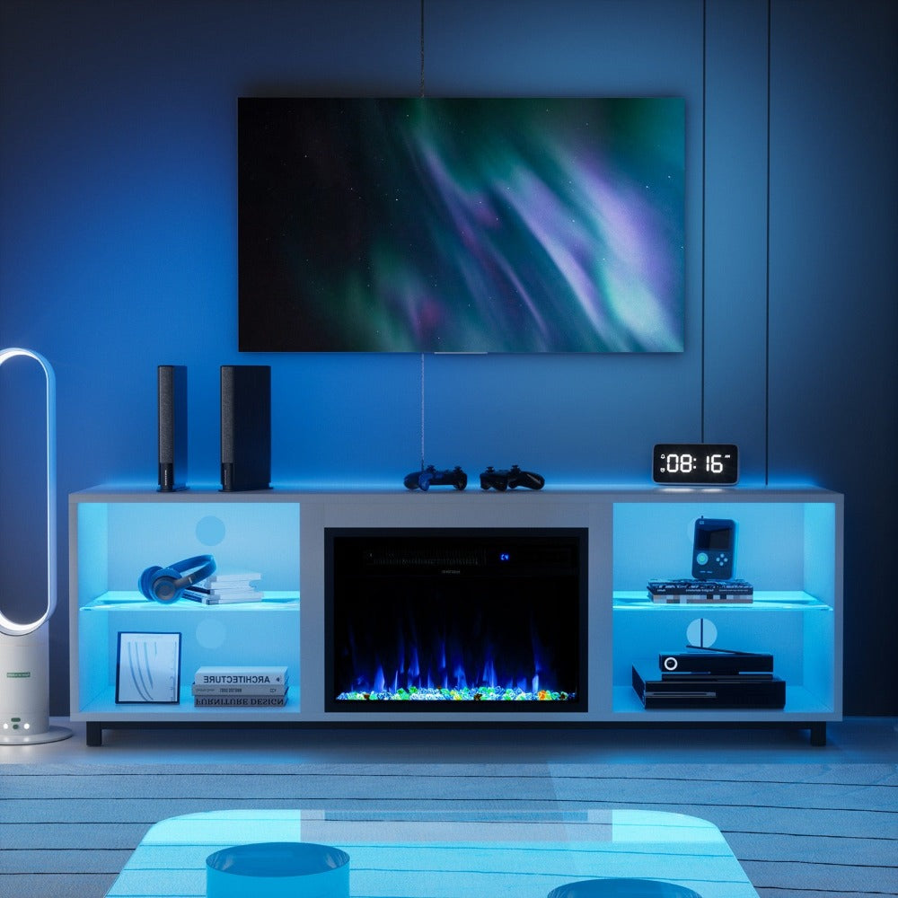 
                  
                    68 Inch Modern LED Fireplace TV Stand with Adjustable Glass Shelves for TV up to 78", White
                  
                