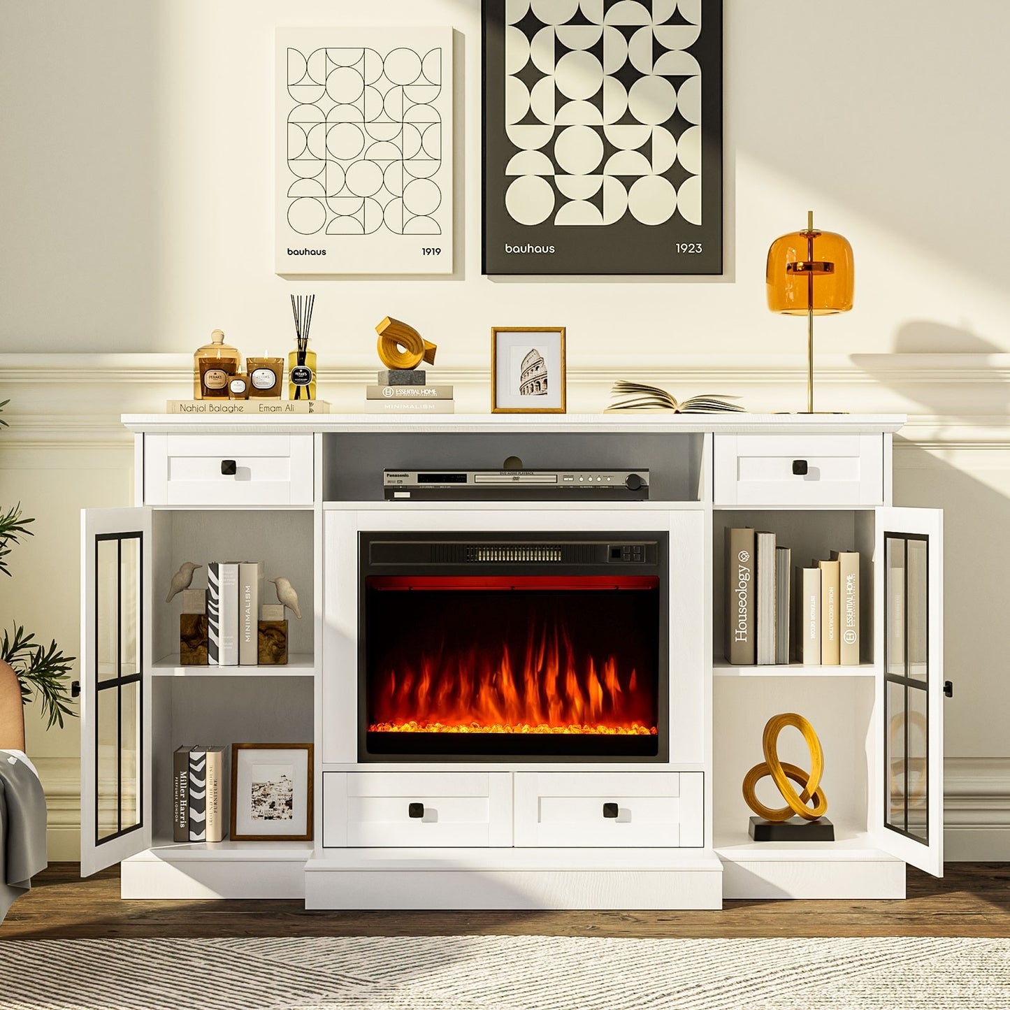 
                  
                    58” Fireplace TV Stand for TVs up to 65 Inch, Entertainment Center with 23" Electric Fireplace, Glass Doors,White/Grey
                  
                