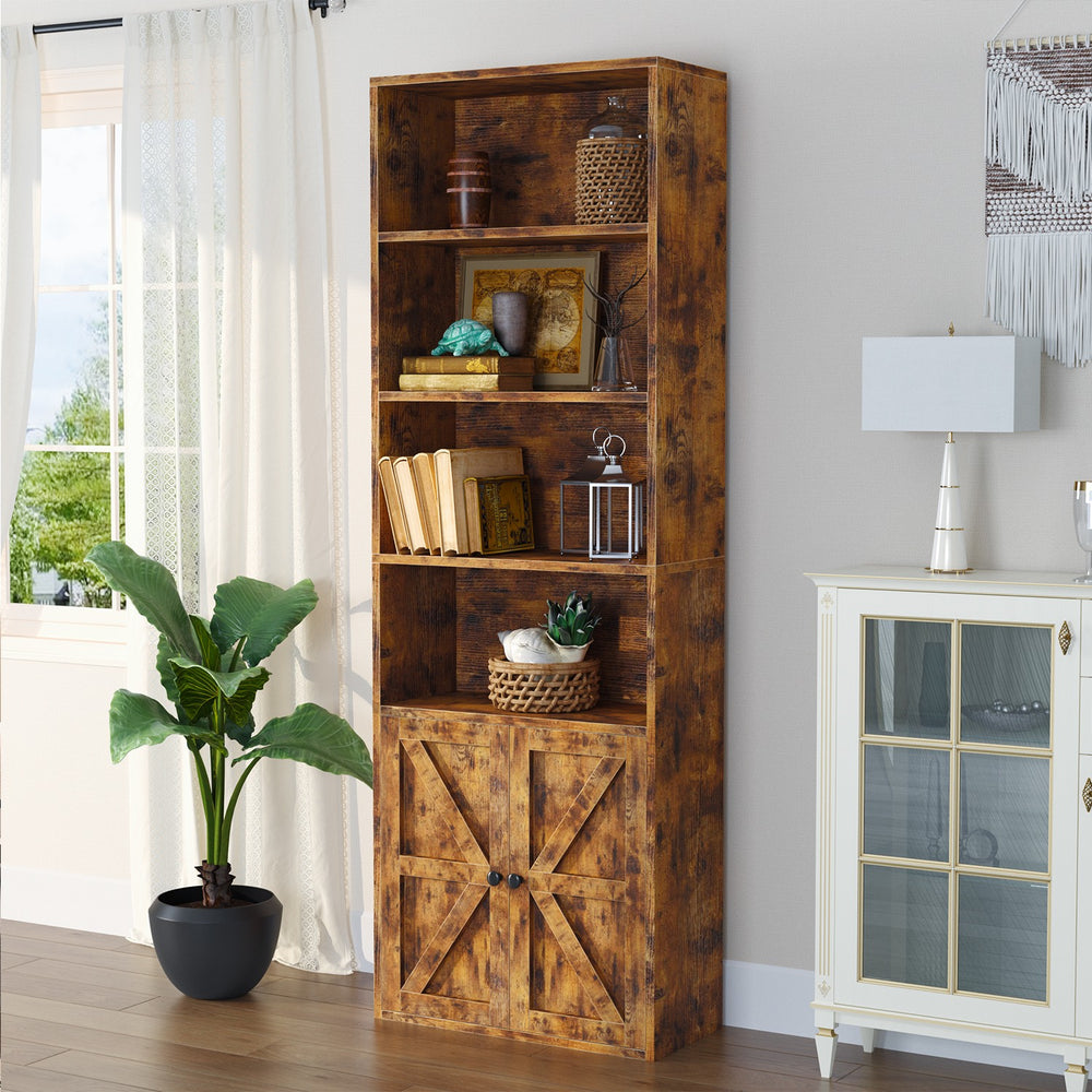 
                  
                    6-Tier Narrow Wooden Bookshelf, Narrow Bookcase with Farmhouse Barn Door, Brown
                  
                