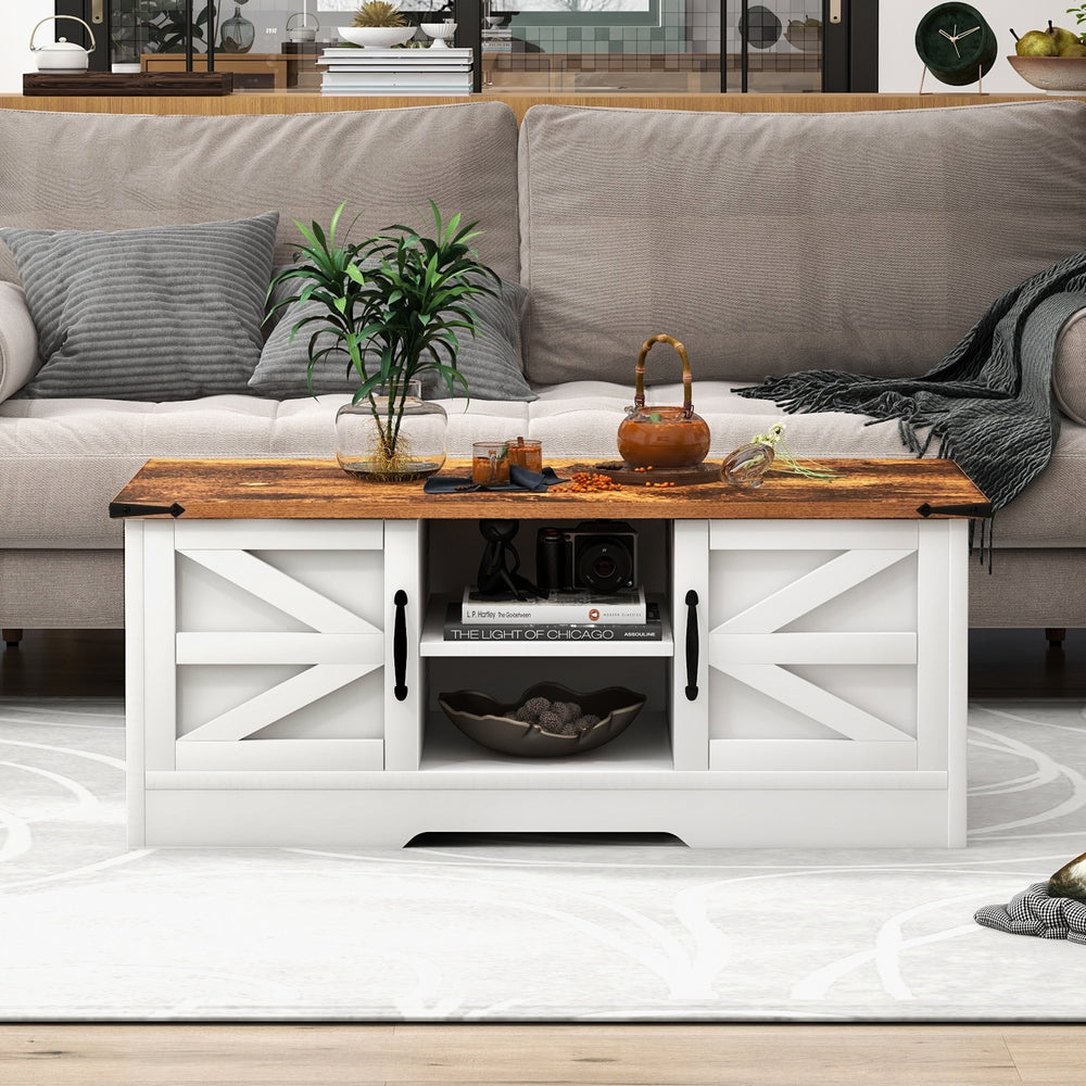 
                  
                    Barn Door Coffee Table with Storage, Rustic Farmhouse Rectangular Center Table, White
                  
                