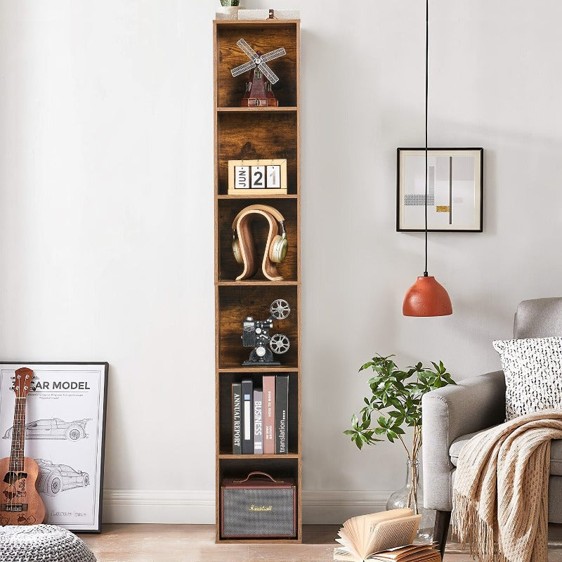 Tall Narrow Bookshelf, 6-Tier Cube Display Rack, Modern Corner Bookshelf with Storage Space, Storage Cabinet, Brown